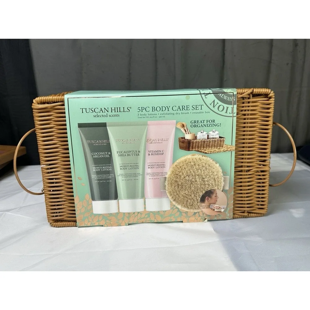 Tuscan Hills 5 pc Body Care Set with Exfoliating‎ Brush & Storage Basket New